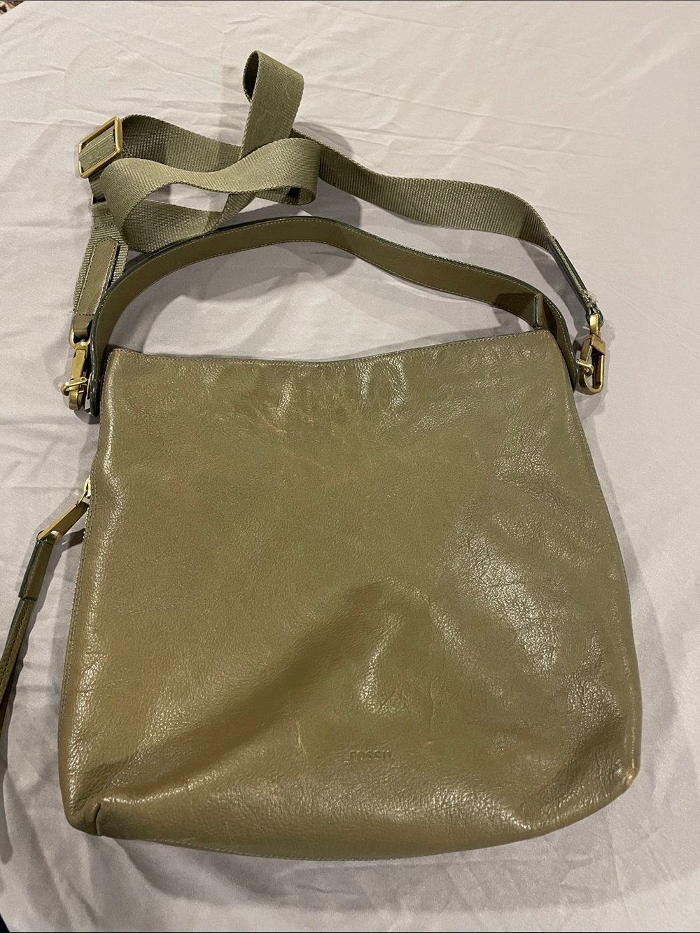 Fossil Olive Leather Shoulder Bag with Adjustable Strap